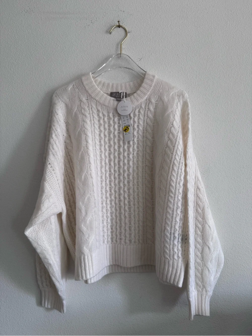NWT J Crew Cashmere Cable Knit Blouson Sleeve Sweater In Snow Size S